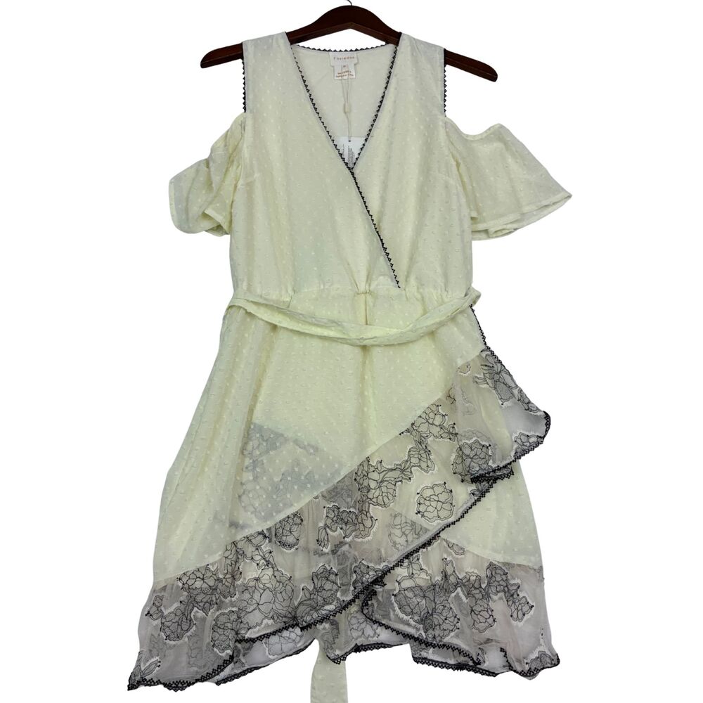 Foxiedox Womens M Ivory Cold Shoulder Wrap Dress Floral Lace Asymmetrical NWT